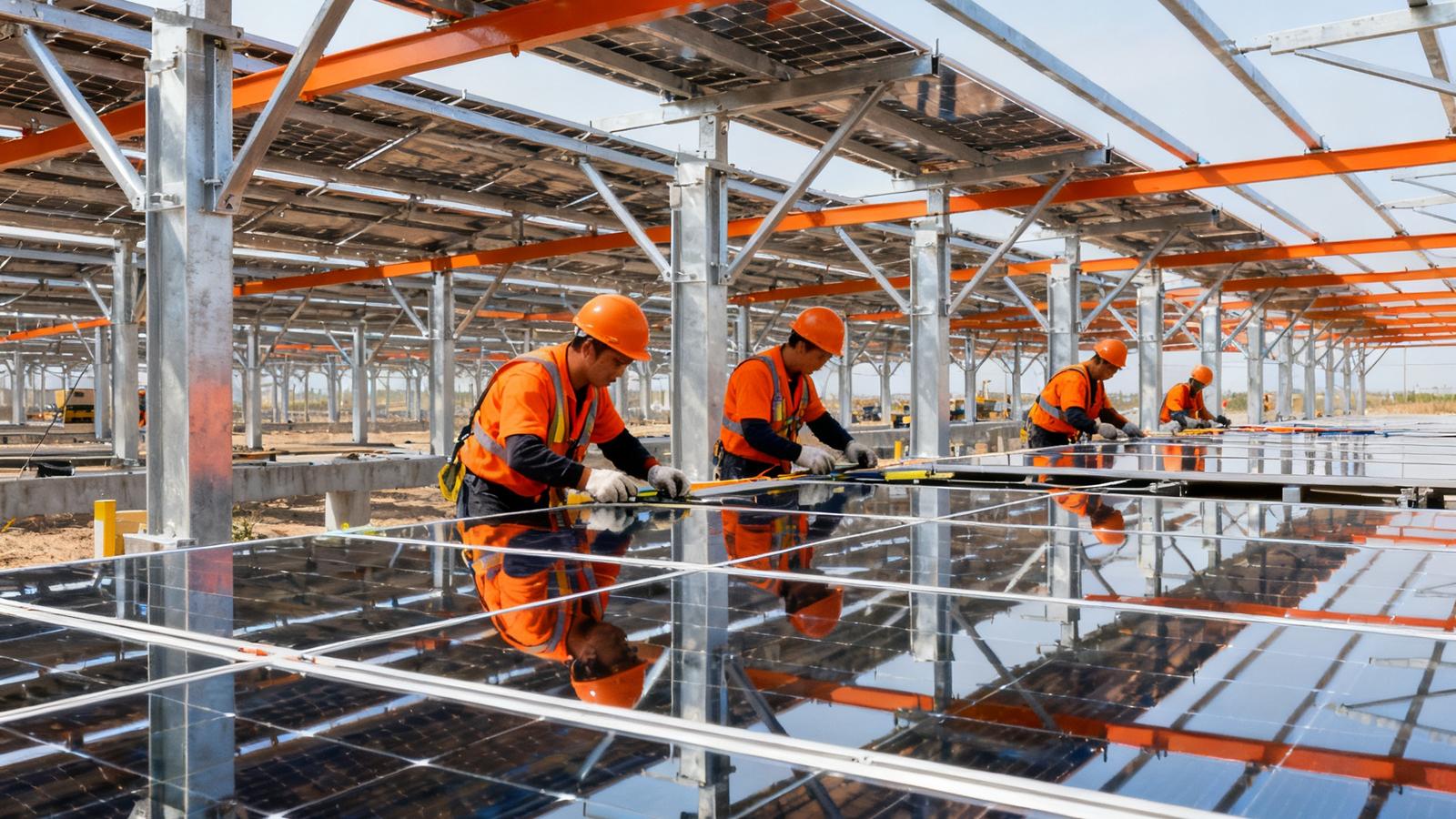 太阳集团tyc施工团队在大型光伏电站现场安装双面双玻组件，工人们身着橙色安全装备，在金属支架间有序作业，画面充满工业秩序感